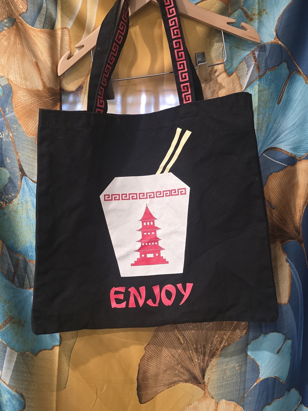 Enjoy Black Tote Bag with Red Pagoda Graphic